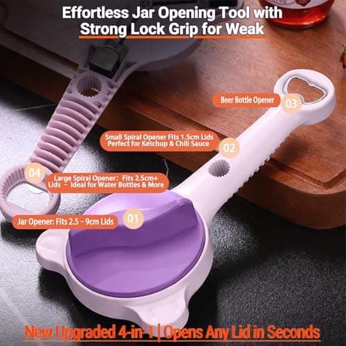 2026 New 4-in-1 Jar Opener for Seniors with Weak Hands, Manual Can Opener & Adjustable Lid Opener for Arthritis, Heavy Duty Bottle Opener, Cute Bear Design(1Purple) - Thumbnail 3