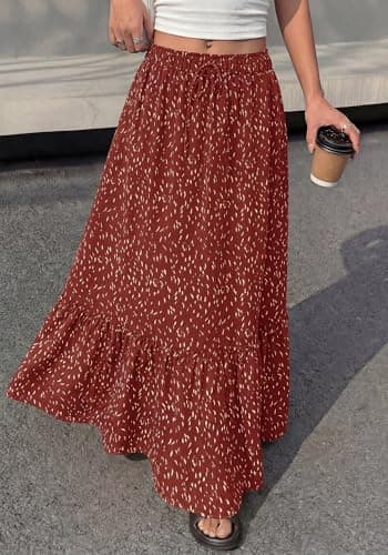 BTFBM Womens Boho Maxi Skirt 2026 Summer Floral High Waisted Flowy Tiered Long Spring Beach Vacation Skirts Pockets(Red, Medium) - Thumbnail 3