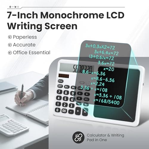 Desk Calculator with Writing Pad, Widescreen Extra-Large LCD Display, 12-Digit Calculator, Solar & Battery Dual Power Supply, Desktop Calculator with Ergonomic Viewing Angle for Office, School (White) - Thumbnail 4