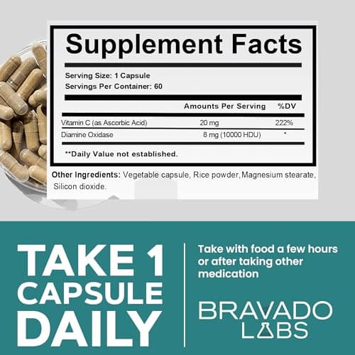 Bravado Labs DAO Supplements Histamine Blocker - DAO Enzyme + Diamine Oxidase & Vitamin C for Daily Histamine Metabolism & Immune Support - 30 ct - Thumbnail 6