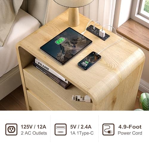 Modern Fluted Night Stand with Charging Station, 25" Tall Wood Nightstand Bedside Table with 3 Drawers & USB Ports, Mid-Century End Table for Bedroom (1, Nature Smooth, 2 Drawers) - Thumbnail 3