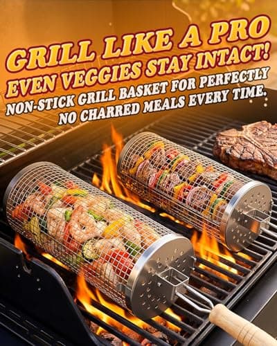Rolling Grill Basket Set, 2-Pack 304 Stainless Steel BBQ Tool with Removable Wooden Handle for Vegetables, Shrimp, Camping, Smoker Accessories, Gifts for Men Dad Husband - Thumbnail 2