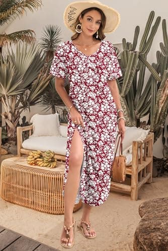 MOLERANI Casual Maxi Dresses for Women Floral Beach Vacation Dress Long Summer Dress 2026 Flower Sundress with Pockets,Red Flower,S - Thumbnail 5