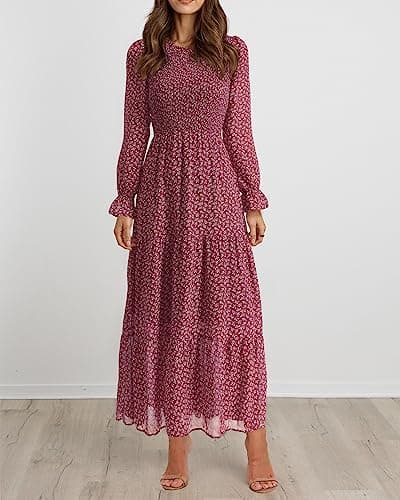 BTFBM Women Casual Long Sleeve Crew Neck Fall Dress Bohemian Relaxed Fit Floral Flowy Maxi Dresses Tiered Cocktail Dress(Floral Red White,X-Large) - Thumbnail 4