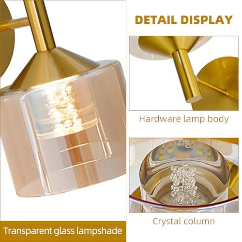 TYhogar Wall Sconces Set of Two,Gold Wall Lights with Amber Glass,Acrylic Bubble Wick Sconces Wall Decor Set of 2,Hardwired 3 Color Temperature Wall Sconce for Bathroom,Bedroom,Living Room - Thumbnail 4