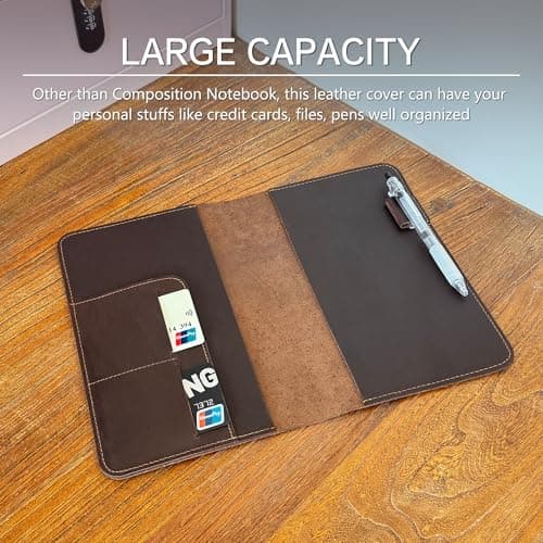 GDCELPA Composition Notebook Cover Leather Planner Cover Folio for A5 6x9in Journal with Pen Slot Card Holder - Thumbnail 3
