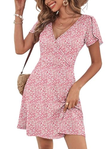 ANRABESS Womens Summer Dresses Short Sleeve Wrap Deep V Neck A-Line Floral Dress Causal Flowy Boho Beach Vacation Sundress Pink Floral XL - Image 1
