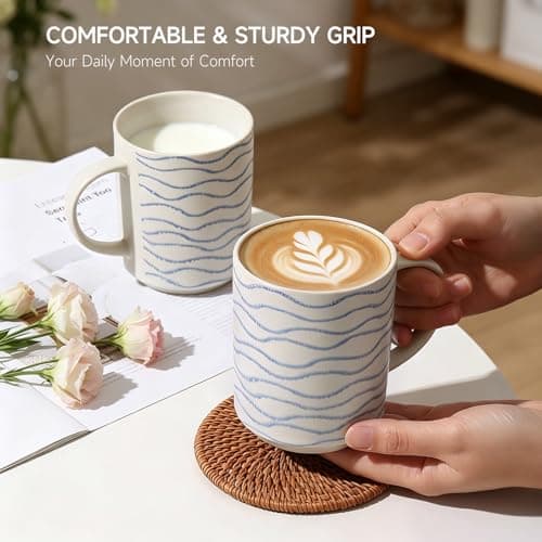 ALOFMO Ceramic Mugs Set of 6, 17oz Coffee Mugs with Handpainted Blue Stripe Pattern, Modern Stackable Coffee Cups, Dishwasher and Microwave Safe Mugs for Coffee, Tea, Milk - Thumbnail 4