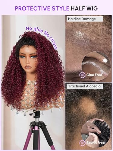 shangyinfa T1B/99J Water Wave Half Wig Human Hair | Drawstring Flip Over 3-In-1 Wig | Secure Fit with 4C Edges | Beginner Friendly | Slay 3B/3C Curls At The Gym | No Slip, No Glue | 22 Inch - Thumbnail 6