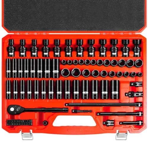 ZHAX 85-Piece 3/8" Drive Impact Socket Set, Standard SAE (5/16"-3/4") & Metric (8-22mm) Shallow & Deep Sockets, with Metric Swivel Sockets (8-19mm), Ratchet, Extensions & Adapters - Image 1