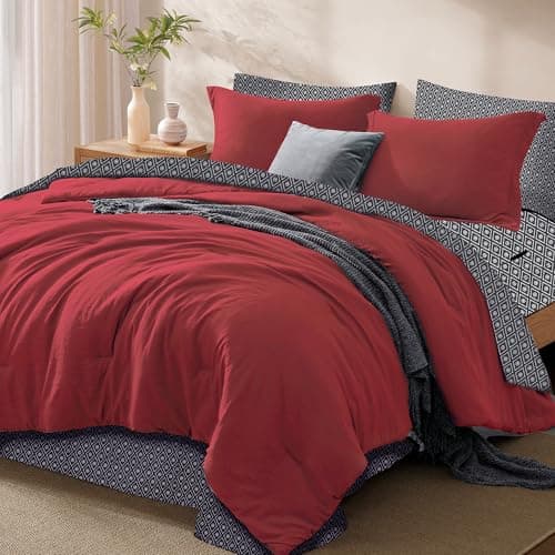Monbix Queen Comforter Set - 7 Pieces Bright Red Prewashed Bed in a Bag Queen Bedding Sets with Comforters, All Seasons Ultra Soft Comforter Bed Set with Sheets, Pillowcases & Shams - Thumbnail 6