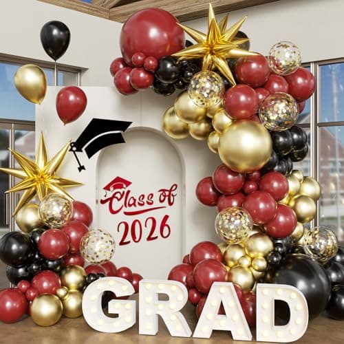 Burgundy Gold Balloon Arch Kit Graduation Decorations 2026, 130Pcs Burgundy Gold Black Balloons and Foil Star Balloon with Confetti Ribbons Grad Party Decorations for College High School Class of 2026
