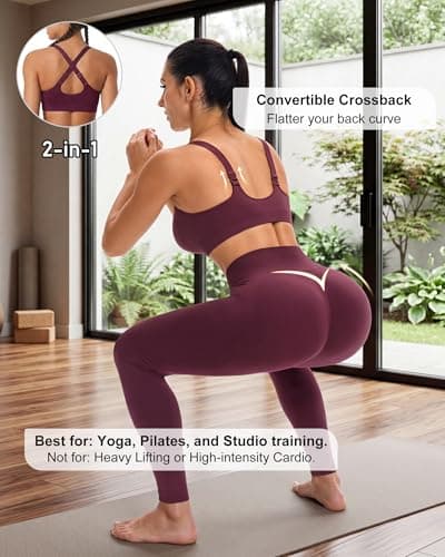 leviace 4-Piece Workout Sets for Women - with Butt Lifting Shorts & Leggings, 2 Seamless Ribbed Sports Bras, Gym Outfits Matching Athletic Set Padded Bra for Yoga Pilates Fitness Clothing,Wine Red,XL - Thumbnail 3