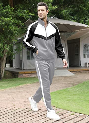 Sun Lorence Sportswear for Men 2 Pieces with Zipper Jackets Outdoor Sports Tracksuits Set Grey XX-Large - Thumbnail 2
