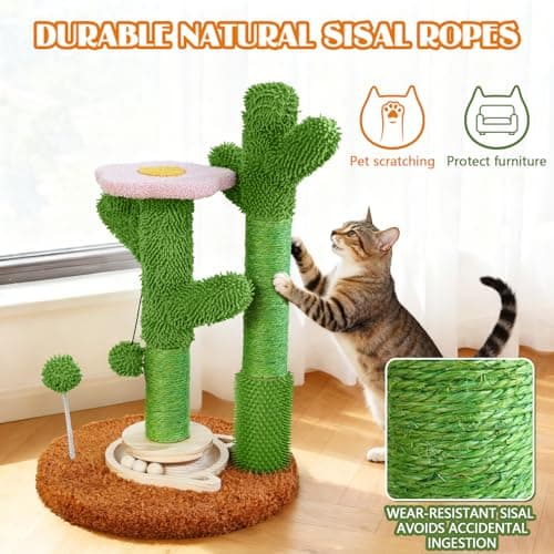 2026 New DIY 9+ Installation Styles 42" Cactus Cat Scratching Post with Self-Grooming Brush and Ball Toy | Modular Sisal Cat Scratching Post for Indoor Cats and Kittens, Customizable Cat Furniture - Thumbnail 6