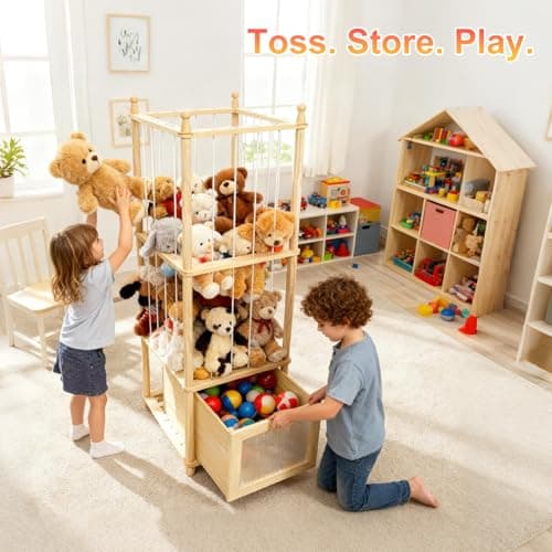 Kompaktayc Stuffed Animal Storage with Clear-View Drawer, Wooden Stuffed Animal Zoo Organizer for Nursery & Playroom, Holder for Plush Toys,Balls,Blocks,Wooden Home Decor - Thumbnail 6