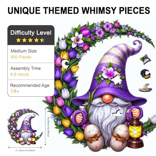 Wooden Puzzle for Adults 500 Piece, Fantasy Floral Moon Gnome Jigsaw Puzzle for Adults, 5MM Unique Shape Wooden Jigsaw Puzzle, Challenging Gnome Puzzles for Family Game Night Home Wall Decor 17*16.3in - Thumbnail 2