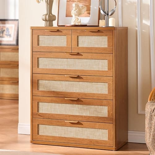 LEYAOYAO Rattan Dresser for Bedroom, 41" Tall Chest of Drawers, Modern 6 Drawers Boho Dressers with Storage, Vintage Brown Dresser Wooden Closet Organizer for Living Room, Hallway - Thumbnail 5