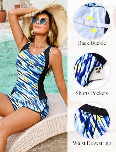 Tankini Swimsuits for Women Two Piece Athletic Bathing Suits Blouson Top with Sporty Boy Shorts Blue Twill Large - Thumbnail 5