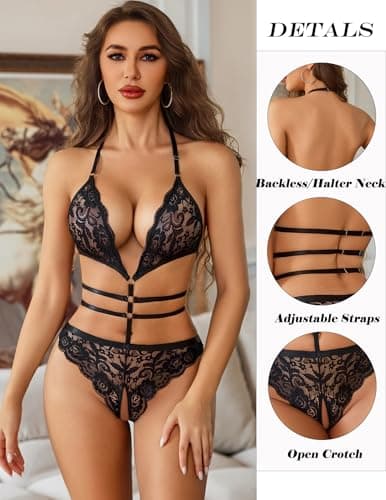 Avidlove Sexy Lingerie for Women Halter Lace Teddy Cut Out One Piece Bodysuit Black L - Thumbnail 2