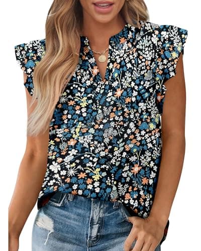Zenlonr Womens Dressy Casual Tops 2026 Summer Ruffle Cap Sleeve V Neck Shirts Boho Floral Blouses Vacation Outfits(Floral Black Blue,XX-Large) - Image 1