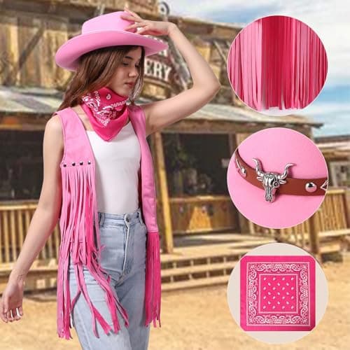PARTTELY Western Outfits for Women Cowgirl Tassel Sleeveless Vest Cowboy Hat and Paisley Bandana （pink） - Thumbnail 2