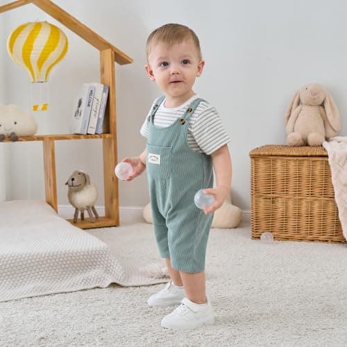 JiuBreeze Baby Boys Bodysuit Summer Clothes Set 2-pcs Striped Romper & Overalls Shorts Set Jumpsuit 0-12Months (Green, 9-12M) - Thumbnail 3
