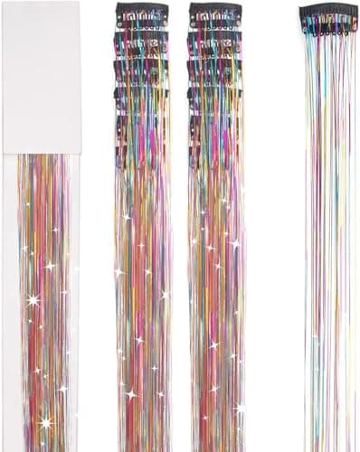 Hair Tinsel 12Pcs Clip in Hair Tinsel Extensions 20.5 Inch Fairy Hair Tinsel Kit for Girls Women Kids Glitter Hair Accessories for Christmas Halloween Cosplay Party (Lake Blue) - Thumbnail 5