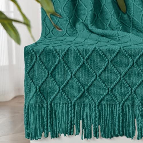 inhand Knitted Throw Blankets for Couch and Bed, Soft Cozy Knit Blanket with Tassel, Blue Lightweight Decorative Blankets and Throws, Farmhouse Warm Woven Blanket for Men and Women, 60"x80" - Image 1