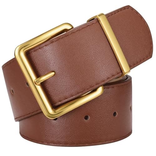XZQTIVE Women Wide Chunky Belt for Dresses Fashion Thick Leather Belt with Gold Buckle, Brown(Fit Waist Size 33"-39") - Image 1