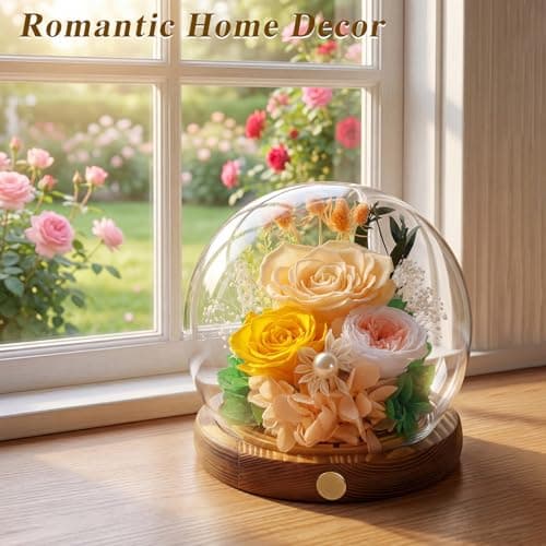 Elover Preserved Roses in Glass Dome with LED Light Long Lasting Real Flowers,Forever Eternal Rose for Mother's Day,Valentine's Day,Birthday Gifts for Women,Mum,Wife,Girlfriend (Champagne) - Thumbnail 6