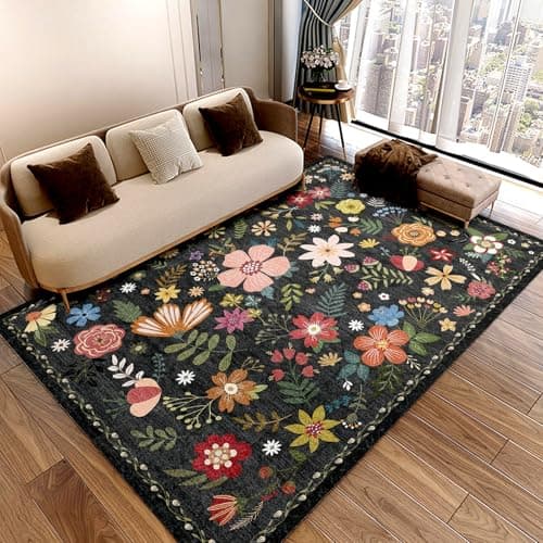Washable Area Rugs, Floral Rug, Large Carpet for Living Room Bedroom,5'x 7',Black - Image 1