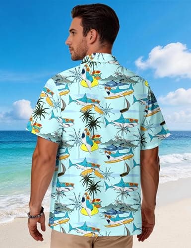 EoBeKee Hawaiian Shirt for Men, Shark Print Cool Short Sleeve Button Down Tropical Shirt for Summer Fishing & Surfing Holiday - Thumbnail 4