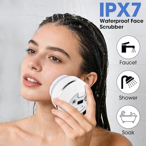 Electric Facial Cleaner with 6 Modes & 3 Light Effects, Rechargeable Waterproof Face Scrubber for Women and Men, Includes Extra Brush Head, Easy-Clean Hanging Design (White) - Thumbnail 6