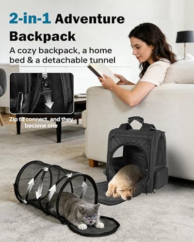 Cat Backpack Carrier with Detachable Round Play Tunnel, 2 in 1 Expandable Cat Backpack with Breathable Mesh,Cat Carrying Backpack for Cat 17lbs & Small Dog 13lbs,Black. - Thumbnail 3