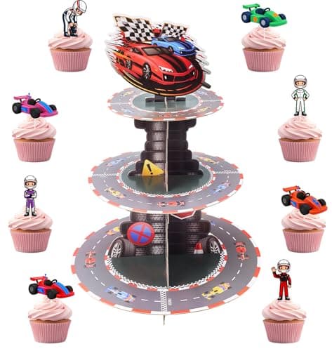 i-Kawachi 3-Tier Round Race Car Cupcake Stand 14pcs Cars Cupcake Toppers Cardboard Cupcake Holder Cupcake Picks Racing Car Theme Birthday Decorations - Image 1