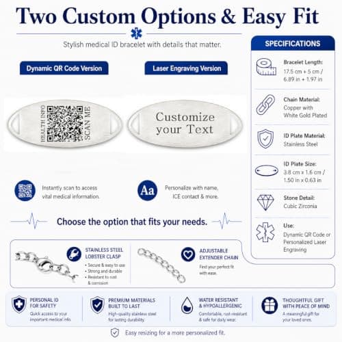 Dynamic QR Code Medical Alert Bracelet for Women, Heart-Shaped Zircon Chain Titanium Steel Jewelry, Editable Medical ID Bracelet, Scan to Update Medical Information Anytime, No Engraving Required (QR Code-US Stock) - Thumbnail 6