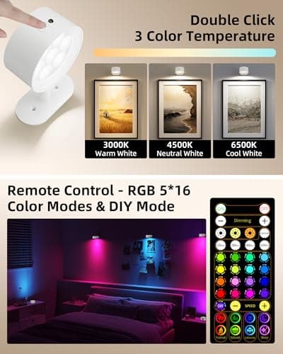 AMETHEUS Picture Lights for Wall, 2000mAh Rechargeable Magnetic Art Lights with 3 Color Temps & RGB, Remote Dimmable Battery Operated Wall Light for Bedroom, Living Room, Gallery (White, 3 Pack) - Thumbnail 5
