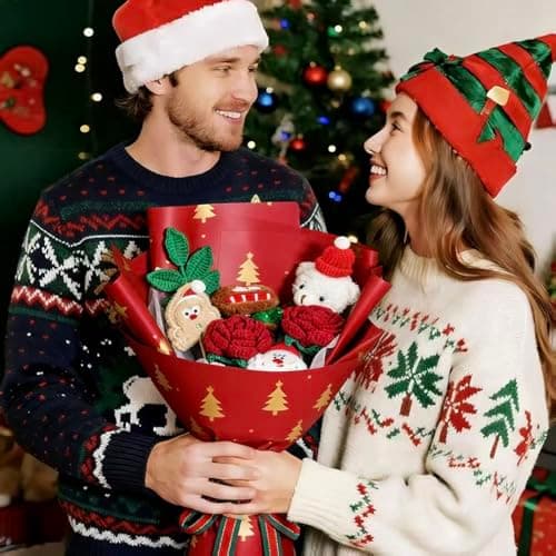 FLOLVISOU Christmas Flowers Artificial Crochet Flower Bouquet Knitted Flowers Red Green Handmade Bouquet Flowers Gifts for Lover Christmas Women Boys Girls Girlfriends - Thumbnail 6