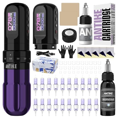 ANTIKE Cordless Tattoo Gun Kit with 7 Adjustables Strokes and 2 pcs * 1600 mAh Tattoo Batteries,Tattoo Kit Complete with Needles Cartridges, Inks and Tattoo Accessories AK-TKE551A-4