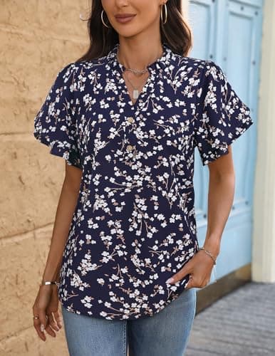 LOOKBOHO Womens Blouses Dressy Casual Chiffon Floral Tops Ruffle Short Sleeve V Neck Summer Loose Office Shirts Blue L - Thumbnail 4