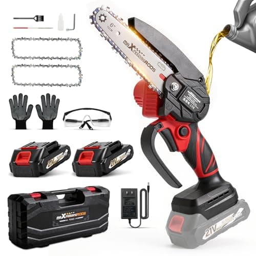 maXpeedingrods Mini Chainsaw Cordless, 6 inch Chainsaw Handheld Power Chain Saws with 2 Batteries, 3 x Durable Chains, Electric Chainsaw Lightweight Handheld Saw for Tree Trimming, Wood Cutting, Red - Image 1