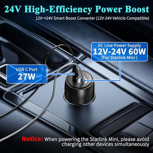 FIRRAX 2 in 1 Starlink Mini Car Adapter 12V to 24V DC Step Up Converter, 6.5FT 20AWG Starlink Mini Cable with Cigarette Lighter Adapter 60W DC + 27W PD Car Power Supply for RVs, Boats, Trucks - Thumbnail 2