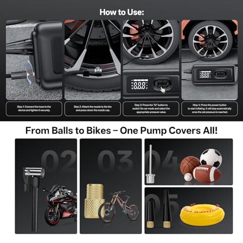 Tire Inflator Portable Air Compressor with Electric Air Duster and Car Jump Starter: 150PSI Cordless Bike Pump - 130000RPM - 1000A up to 6.0L Gas and 3.0L Diesel Engine for Cars, Outdoor, Home - Thumbnail 6
