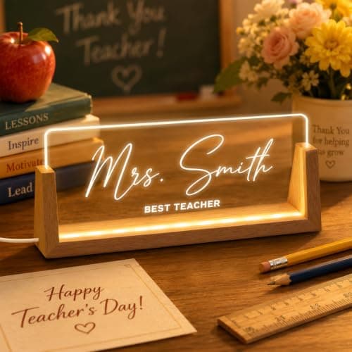 Custom Desk Name Plate Personalized with Wood LED Light Base, Office Acrylic Nameplate for Men Dad Father, Personalized Office Desk Accessories Decor, Boss Executive Name Sign. - Image 1