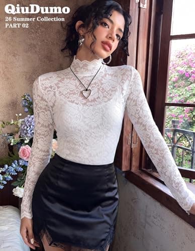 QiuDumo Womens 2 Set Mesh Long Sleeve Tops Lace See Through Sexy Crew Neck Eyelet Shirts Party Floral Club Dressy Blouse with Camisole Plus White XXXL - Thumbnail 3