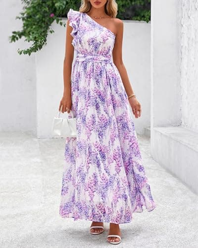 BTFBM Women Summer One Shoulder Floral Wedding Guest Dresses Sleeveless Smocked Ruffle Flowy Beach Vacation Maxi Dress(Floral Purple, X-Large) - Thumbnail 6