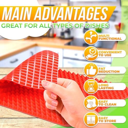 Non Stick Baking Cooking Mat - 16x11.5" Silicone Baking Mat, Fat Filtering Red Pyramid Design, for Roasting, BBQ & Pastry Making - Oven and Microwave Bacon Cooker Food Grade, Flexible & Easy-to-Clean - Thumbnail 3
