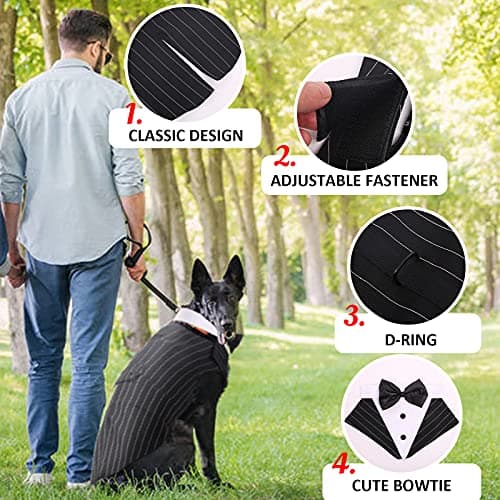 DORA BRIDAL Dog Tuxedo for Small Dogs,Dog Suit and Bowtie, Formal Dogs Wedding Outfit, Pet Tuxedo and Bandana Set Valentines Birthday Christmas Party Costumes for French Bulldog, Pomeranian, Striped,S - Thumbnail 4