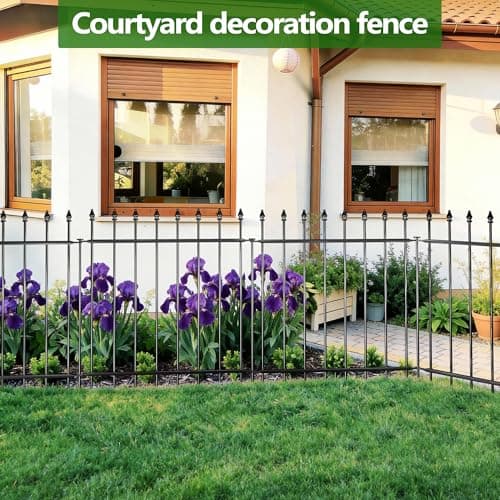 Decorative Metal Garden Fence，(12 Panels+ 13 Posts), 24 ft(W) x 24 in(H), High Metal Border Fence, Classic Roman Column Decoration, Garden and Lawn Landscape Fence, Black Animal Fence - Thumbnail 6